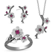 Conjunto de joyas de lujo con flores de ciruelo para mujer, conjunto de joyería con cristales brillantes, exquisito anillo Floral, collar y pendientes, color oro negro 2024 - compra barato