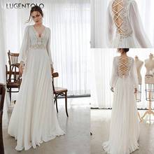 Lucavalolo-vestido longo de manga longa para mulheres, branco, gola v profunda, costas abertas, balanço grande 2024 - compre barato