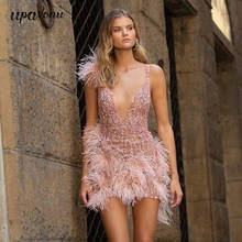 Vestido Mini rosa de alta calidad, pluma de lentejuelas, cuello en V, ajustado, a la moda, para fiesta en club nocturno, novedad de verano 2020 2024 - compra barato