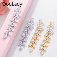 QooLady Elegant Simple Design African Cubic Zirconia Yellow Gold Long Leaf Dangle Earrings for Women Brides Wedding Jewelry E047 2024 - buy cheap