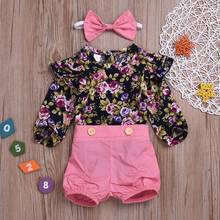 Conjunto de roupas infantis estampa floral feminina, 3 pçs camiseta e short confortáveis com manga voadora estampa floral 2024 - compre barato