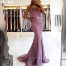 Sexy Dusty Rose Strapless Prom Dresses With Feathers Elastic Satin Mermaid Long Formal Occasion Women Dress Plus Size Party Gown 2024 - buy cheap