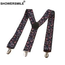 SHOWERSMILE Floral Suspender Wide Vintage Mens Braces For Trousers Male Navy Printed Y Back Suspender Belt With Clips 100cm 2024 - buy cheap