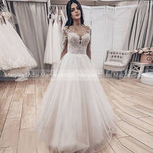 Nude Tulle Long Sleeves Boho Wedding Dresses Appliqued Lightweight Tulle Bridal Gowns Floor Length Buttons Back robe de mariee 2024 - buy cheap
