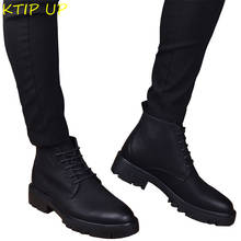 Botas masculinas de couro com cadarço e veludo, sapatos pretos casuais para homens da moda, com cano alto, quentes para o inverno e primavera, outono 2024 - compre barato