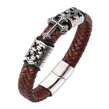 Pulseira masculina de couro trançado, pulseiras com berloque cruz de aço inoxidável pd0081 2024 - compre barato