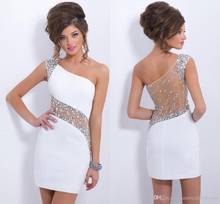One Shoulder Cheap White Homecoming Dresses Sexy See Through Back With Crystal Beads Sequins Mini Short Prom Cocktail Gown 2024 - buy cheap