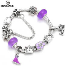 Purple Charm Flower Castle Pendant Windmill Bead Charm Lady Bracelet, Silver Plated Snake Bone Chain Brand Bracelet Jewelry Gift 2024 - buy cheap