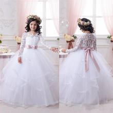 Vestidos blancos de flores para niñas pequeñas, vestido de fiesta de manga larga de encaje para bodas y Vestido de primera comunión 2024 - compra barato