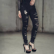 Steampunk Black Demin Women Pants Winter Gothic Punk High Waist Close Fitting Hole Long Trousers Rivet Jean Pants Plus Size 2024 - buy cheap
