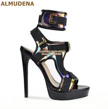 ALMUDENA Enquanto PVC Preto Patchwork Sandálias de Salto Stiletto Plataforma Vestido Sapatos Decoração do Metal Fivela Sapatos Banquete Gaiola Sandália 2024 - compre barato