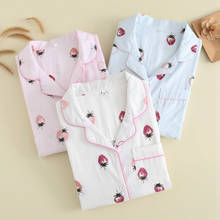 Strawberry Print 100% Cotton Double Gauze Women Pajamas Long Sleeve Long Pants Pink Pijama Summer Plus Size Home Pijama Mujer 2024 - buy cheap
