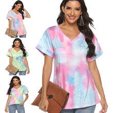 Camiseta con estampado degradado Tie Dye para mujer, Tops informales holgados de playa, camiseta de manga corta con cuello en V, camiseta de talla grande 2XL 2021 2024 - compra barato