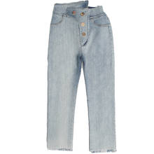 Модные корейские джинсовые брюки для маленьких девочек, джинсы с высокой талией и цветами для маленьких девочек, повседневные джинсовые брюки для девочек 2024 - купить недорого