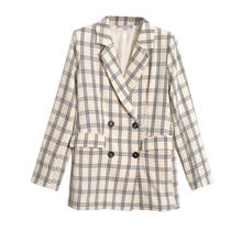 Xnwmnz za jaqueta feminina de escritório com gola entalhada xadrez casaco de outono 2020 casual com bolsos 2024 - compre barato