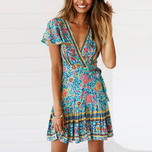 Duzeala Floral Print Bohemian Mini Dress Women Summer Chic Short Sleeve V neck Sexy Dress Ladies Boho Hippie Beach Casual Dress 2024 - buy cheap