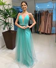 2021 Evening Dress Mint Green Sexy Deep V-Neck Floor Length Spaghetti Strap Women Formal Gowns Sleeveless Tulle Special Occasion 2024 - buy cheap