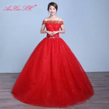 Anxin sh vestido de casamento rendado, vermelho, com flores brancas, vintage, princesa, barco, pescoço, dourado, vermelho, renda, peru 2024 - compre barato