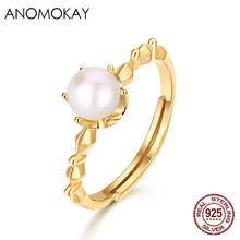 Anomokay Minimalism Classic Gold Color Pearl Rings for Women Lover Mom Gift 100% 925 Sterling Silver Resizable Ring for Party 2024 - buy cheap