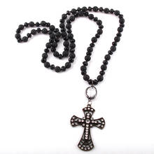 MOODPC Fashion Bohemian Tribal Jewelry Black Lava Stones/Glass Long Knotted Cross Necklaces Women Necklace Dropship 2024 - buy cheap