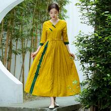 Chinese Style Cotton Linen Women Autumn Dresses 2021 New Jacquard Vintage Robe Dresses V Neck Cheongsam Qipao Dress FF3047 2024 - buy cheap