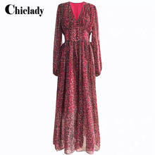 Chicsenhora primavera outono vestido floral estampado, manga lanterna gola v botões vermelho boho festa maxi vestidos de paris 2024 - compre barato