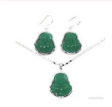 Free shipping Green Jade Laughing Buddha Amulet White Gold Plate Hook Earring Pendant Necklace set Natural jew 2024 - buy cheap