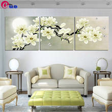 Pintura de diamantes de Magnolia para decoración de dormitorio, tríptico 5d bordado de diamantes, Cuadrado/redondo, 3 piezas 2024 - compra barato