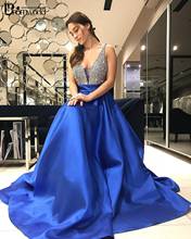 Precioso Vestido largo de satén con cuello en V, azul real, con cuentas de cristal, Formal, elegante, de noche, PMD421 2024 - compra barato