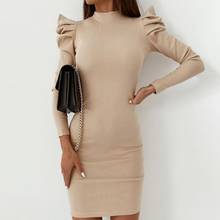 Sexy Women Autumn Winter Solid Color Long Puff Sleeve O Neck Bodycon Mini Dress 2024 - buy cheap