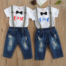 0-18M Infant Two Piece Set Newborn Bow Lettering Romper Denim Shoulder Strap Pants For Baby Boys My First Birthday Clothes Set 2024 - buy cheap