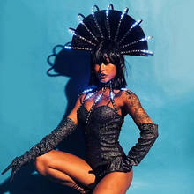 Shiny Sequin Black Bodysuit LED Headdress Nightclub Singer GoGo Dancer Performance Outfit Women D j Stage Rave Costume VDB3454 2024 - buy cheap