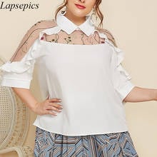 XL-4XL Women Shirt Elegant Lapel See-through Embroidered Stitching Wooden Shirt  Womens Tops Blouse Plus Size Women Sexy Blouse 2024 - buy cheap