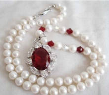 Collar con colgante de cristal de Rubí, Circonia cúbica roja, Perla blanca Real 2024 - compra barato