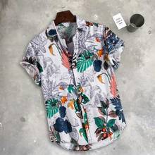 Breathable Cotton Men Shirt Ethnic Style Leaf Print Vintage Short Sleeve Streetwear Tops Loose Men Beach Hawaiian Shirts 2021 2024 - buy cheap