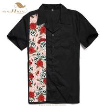 Sishion camisa preta masculina, roupa vintage de manga curta st110 com caveira e floral em algodão rockabilly punk para homens 2024 - compre barato