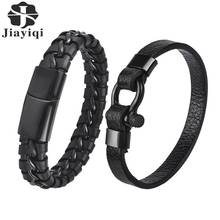 Jiayiqi Men Black Leather Bracelet Stainless Steel Clasp Charm Bangle 2020 Fashion Mens Bracelets Wristand Jewelry Accessories 2024 - buy cheap