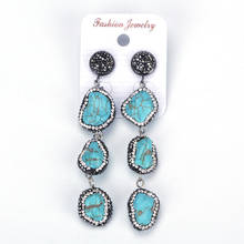 Blue Irregular Semi Precious Stone Turquoises Pendant Pave Rhinestone Beads Layered Layer Women Charms Dangle Earring For Gift 2024 - buy cheap