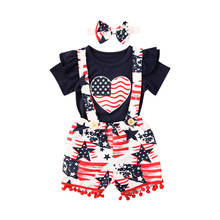 Ropa de 4 de julio para niña, mono con mangas voladoras, bandera de Estados Unidos, corazón, pantalones cortos con tirantes, pantalones con diadema, 3 uds. 2024 - compra barato