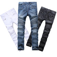 New Biker Jeans Men Skinny Stretched Jeans with Zippers Pleated High Quality Slim Jean Men's Scratched Pants Trousers 2024 - buy cheap