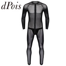 2Pcs Men See Through Sheer Mesh Lingerie Round Neck Long Sleeves Leotard Bodysuit Jumpsuit + Faux Leather Thong Briefs Underwear 2024 - buy cheap
