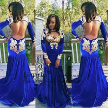 Royal Blue Sexy Open Back Mermaid Prom Dresses High Neck Black Girls Long Sleeves Velvet Cheap Long Formal Evening Gowns 2024 - buy cheap