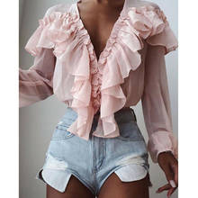 Женская шифоновая однотонная блузка с v-образным вырезом и рюшами, Женская Повседневная рубашка с длинным рукавом, свободные женские блузы 2024 - купить недорого