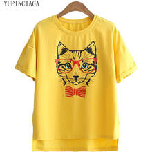 Camiseta de manga corta con estampado de gato y gafas de cuello redondo de estilo coreano para mujer, camisetas divertidas para mujer 2020 2024 - compra barato