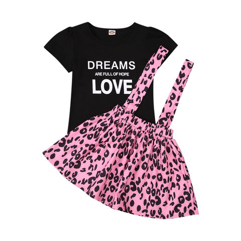 Комплект одежды для девочек из 2 предметов, футболка с коротким рукавом и буквенным принтом + юбка на лямках с леопардовым принтом, От 2 до 7 лет 2022 - купить недорого