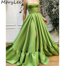 Green Evening Dresses Spaghetti Straps Floor Length A-Line Side Slit Satin Pleated Evening Dresses vestidos de fiesta de noche 2024 - buy cheap