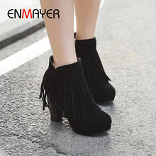 ENMAYER Fringe Super High Ankle Boots for Women Round Toe Flock Zip Square Heel Shoes Solid Short Plush Fashion Creamy-white 2024 - buy cheap