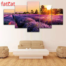 Fatcat pôr do sol lavanda paisagem natural, 5 peças faça você mesmo pintura de diamante quadrado completo broca redonda bordado ae855 2024 - compre barato