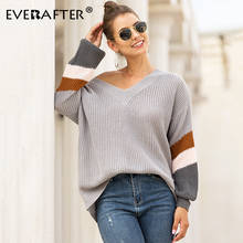 EVERAFTER Streetwear Patchwork color women pullover sweater V-neck striped print loose lantern sleeve casual sweatrers female 2024 - buy cheap