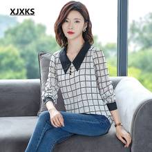 XJXKS 2020 New Spring Women's Blouse Female Vintage Plaid Turn-down Collar Straight Shirts Original Design Women Shirt 2024 - buy cheap